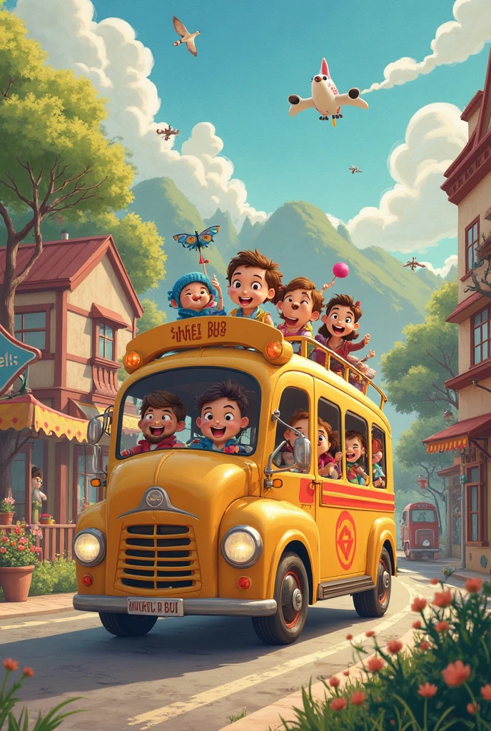 An old bus is parked in the garden and there are a couple of children in it and everything is green and green