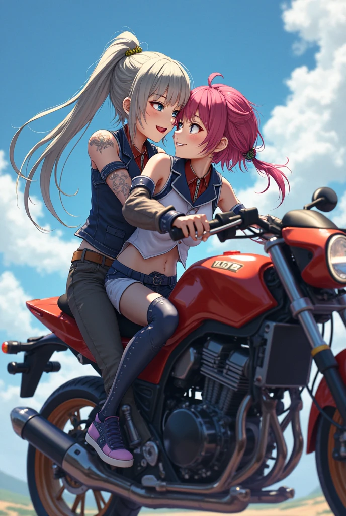 ((best quality)), ((highly detailed)), masterpiece, , (1girl), dynamic angle, hug, (1boy, hetero), (panther girl), panther ears, panther tail, (pink hair), pink eyes, pink tail, pink ears, pink clothes, (indoors, in a garage, motorcycle), <lora:Riri_artstyle:1>