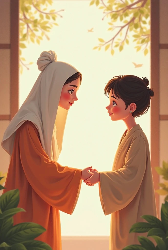 "A woman, humbly kneeling before her master, seeking forgiveness, adorned in a pure white Hijab, amidst a warm and inviting color palette."