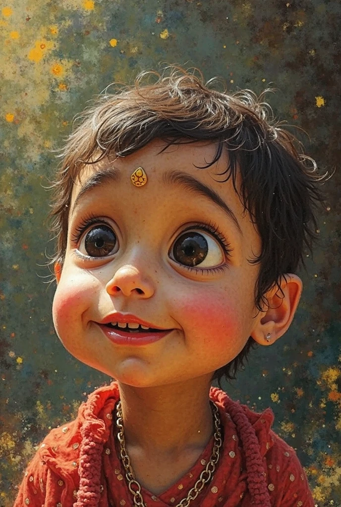A handsome young boy with striking, lilac-colored eyes is standing with an expression of awe and wonder. He has an attractive face, similar to that of popular Indian movie stars, with well-defined features and a stylish haircut. The boy's mouth is slightly open in a "wow" expression, and his eyes are wide with amazement. The background is simple, perhaps blurred, to keep the focus on the boy's face and his expressive reaction.