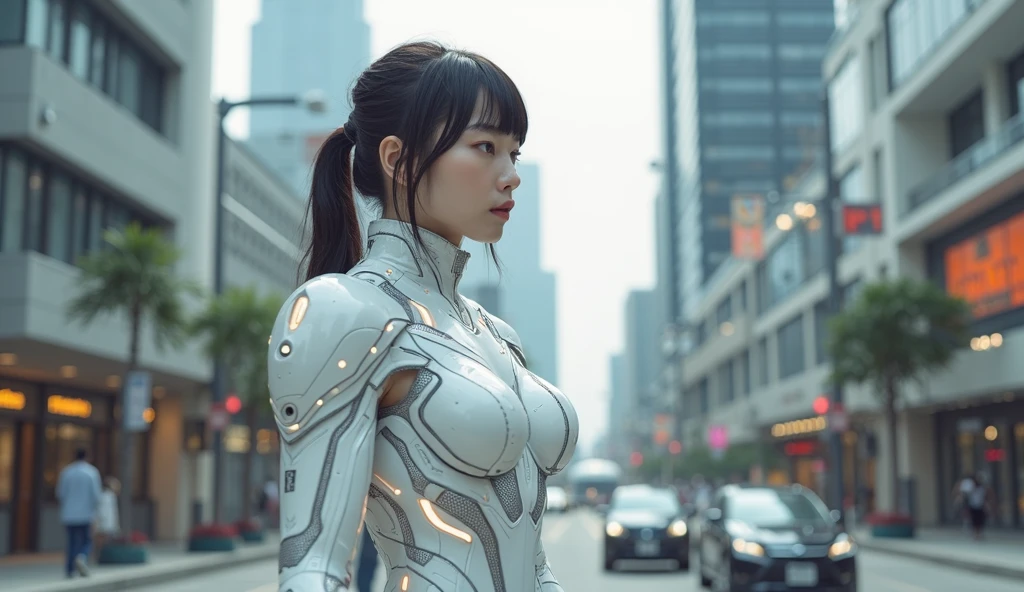 A slender adult South Korean fashion model wearing [short liquid sundress : biomechanical armor : 7],
wide Seoul street, evening,
romantic, dramatic, real life photo, film grain,
[[Yoon Young Bae | Lee Sung-kyung]:2]