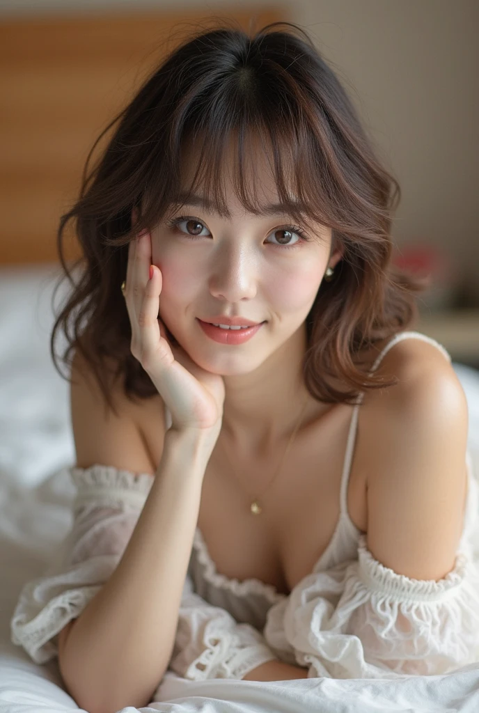 Alaf asian woman in white dress sitting on chair, cute seductive smile, friendly seductive smile, young sensual gravure idol, Ayaka, Yoshitomo Nara, Chiho Ashima, young cute gravure idol, seductive smile, seductive smile, lovely smile, crazy seductive smile, Yuka Kazami, Chiho, tight cleavage, round breasts, pinching breasts with both arms, chest about to burst, there are big, brown hair, floating hair, braided hair,