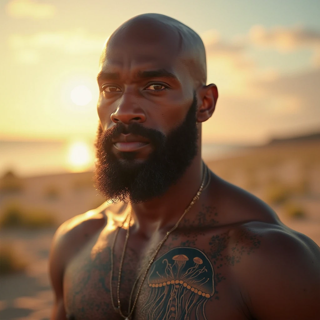 Dark skin man, with shaved hair shirtless on the beach
