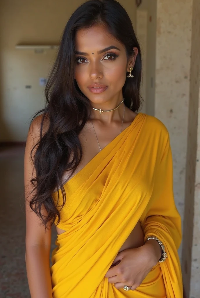 Indian woman((30year old)), eyeing eyes, brown eyes, (((wearing yellow saree, seductive saree))), (((wearing necklace, bangles, thin waist chain))), (((showing midriff, cleavage ))), (((rearing's))), looking at viewer, biting lips, standing in the room, in the house, beautiful sexy body, curvy, red lips, eyeshadow, gold ornament, alluring body, ((good proportion)), seducing, realistic background, pose, black wavy hair, front focus, 