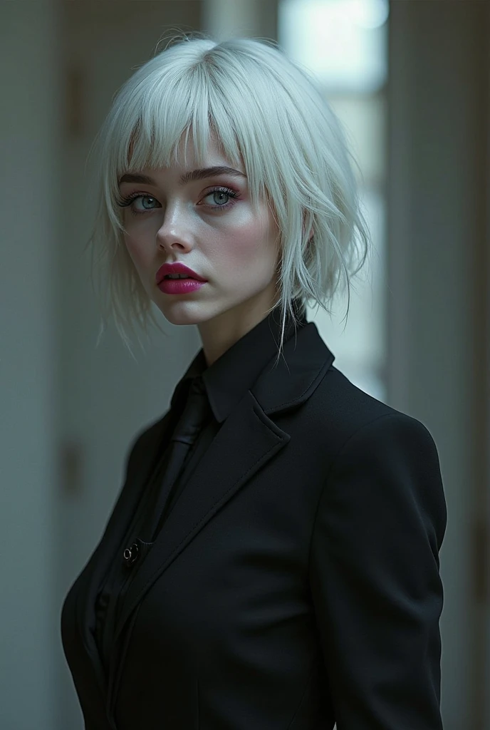 full body +18, short silver hair, amazing minimal veil, smooth and clear with deep neckline down to the hip - 8k, RAW photo, very high quality, hyper-realistic, a mysterious lady with piercing icy blue eyes, enveloped in dark, haunting aura, chiaroscuro lighting, dark white with strong spots, depth of field, highly detailed +18