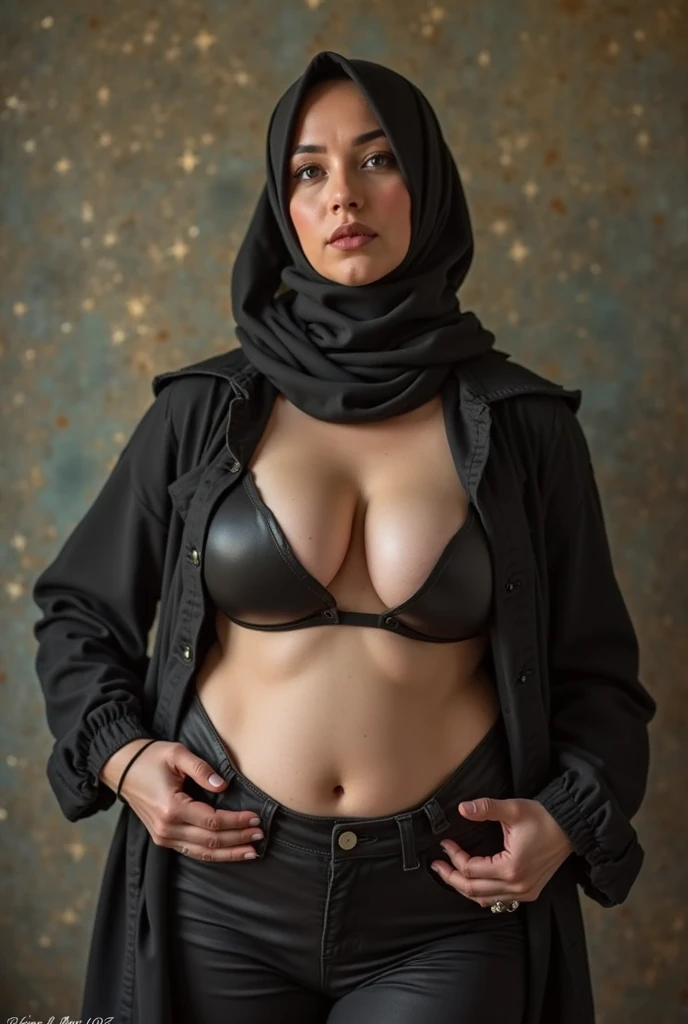 RAW photo,dark,moody,35mm focal lenght,underexposed,cold,candid photograph,artistic,full body,photo of a beautiful,influencer,30yo Iranian woman,black hijab,detailed skin,naked, looking at viewer, thick body structure,grey background,no background, candid pose,dim room,blue light, film grain, kodak color, instagram LUT