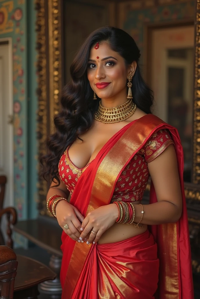 Beautiful Indian queen, with crown,Indian outfit (Royal saree and blouse), sexy figure, seductive pose, looking at the viewer, proud, breast size 34d, cleavage, in a royal palace, Sof light, butterfly light, realistic, smiling