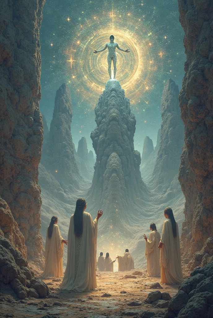 A highly developed civilization builds Baalbek, extraterrestrial giant beings performing a ritual, a celestial singularity, energy fields, nude woman 