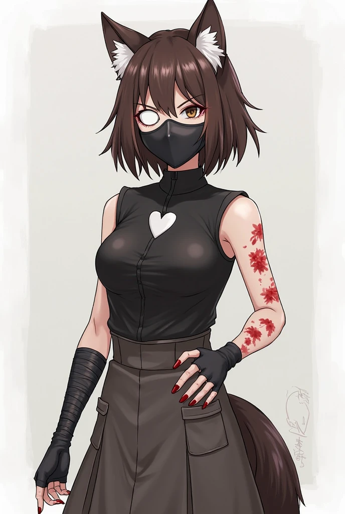 absurdres, 8k, 4k, masterpiece, hyper extreme detailed:1.2), solo, 1girl, front view, perfect face, 1girl, portrait, expressive eyes, looking at viewer, solo, green eyes, standing, mature female, small chest, pale, long black hair, groan, casual wear, , looking forward, front view, black horns, confident, cautious, rational, messy hair, wind, windy, moving hair, moving clothes, swept bangs, front view, unyielding, mature body, tomboy, dragon tail, , black nails, wild hair, velvet crowe, scars, fatigue, Black Demonic Horns, Dragon Horns, Dragon Tail, fire, long skirt, hands in pockets, white shirt black letters, exposed shoulder, shoulder strap, suspenders, velvet crowe, velvet-outfit, red hair gradients, village background, fiery, flames, burning, bound, bondage, (arms behind back:1.4), bdsm, tape gag, tape, tape bondage, close-up, restrained, best anatomy, half body, taped thighs, taped legs, legs together, tape wrapped, wrap gag,