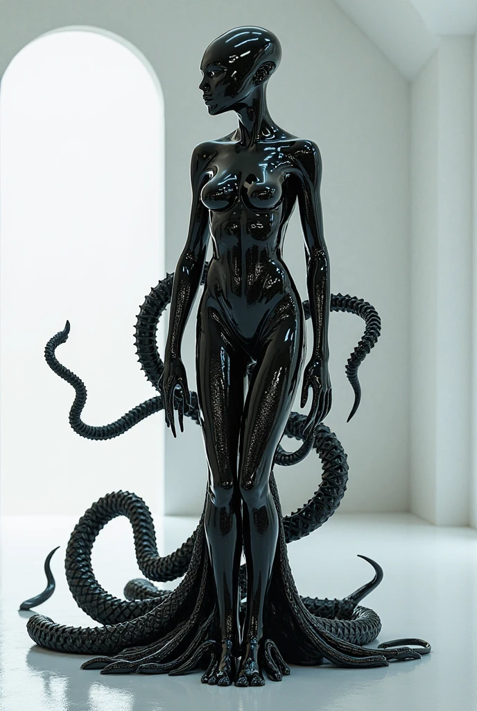 A black robot with human like appearance with blue lights and like 30 tentacle like ropes for hands instead of palms and fingers that can extend and stretch  
