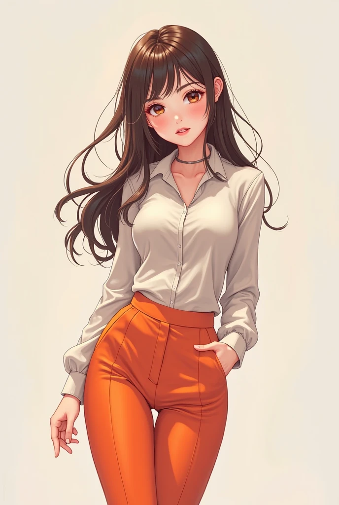 a painting of a young woman, soft thighs, small breasts, slim figure, regular sized brown eyes, white skin, wearing casual clothes: light gray long sleeve shirt with rolled-up sleeves(u-neck shirt), off-white Panama hat, slim jeans, shirt tucked into pants. slightly wavey hair(cut neck-length), kind facial features, hands inside jean pockets, casual pose, soft smiling expression, soft-brunette hair. soft shading, drawing outlines