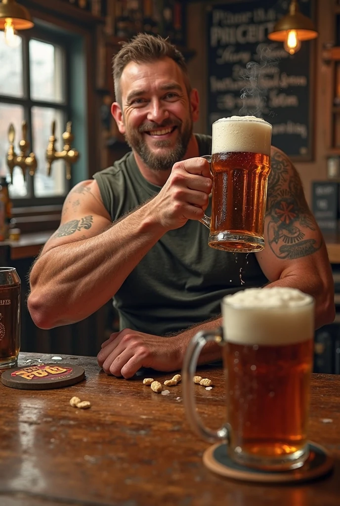 make an image that illustrates the competition between alcoholic beverages and muscle hypertrophy.
