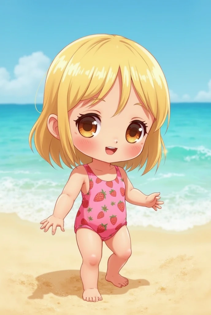 1girl, solo, penny peterson, blonde hair, long hair, hairband, blue eyes, wearing (two-piece pink swimsuit ), smiling, cute, cute smile beautiful, chuckle, giggling, one eye closed, full of detail, on a beach, cinematic lighting) (dynamic lighting), best quality,