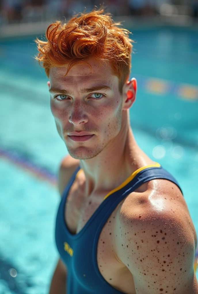 male Age 25 swimwear lifeguard  smile in the evening