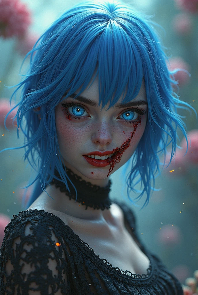 analog style, model shoot style, RAW (close portrait:1.4) of (JinxLol:1.1), centered face, 1girl, (shiny pink eyes:1.7, blue hair), (shiny body), (hands off camera), looking at viewer, 
((evil:1.3, bow one's head:1.3, night:1.3, scared:1.3, horrified:1.3, constricted pupils:1.7, crazy smile:1.6)), medium breasts, arm tattoo, stomach tattoo, (blood on face:1.5),
best quality, epic (by lee jeffries photo, sony a7, 50 mm, pores:1.5, colors, hyperdetailed:1.5, film grain:1.4,
hyperrealistic: 1.5), hyper-realistic lifelike texture, masterpiece, unreal engine 5, Extremely detailed CG unity 8k wallpaper, realistic eyes,
Madly detailed photo, (ecstasy of light and shadow, deep shadow), (Winner of the Pulitzer Prize for Photography and Taylor Wessing Photographic Prize)