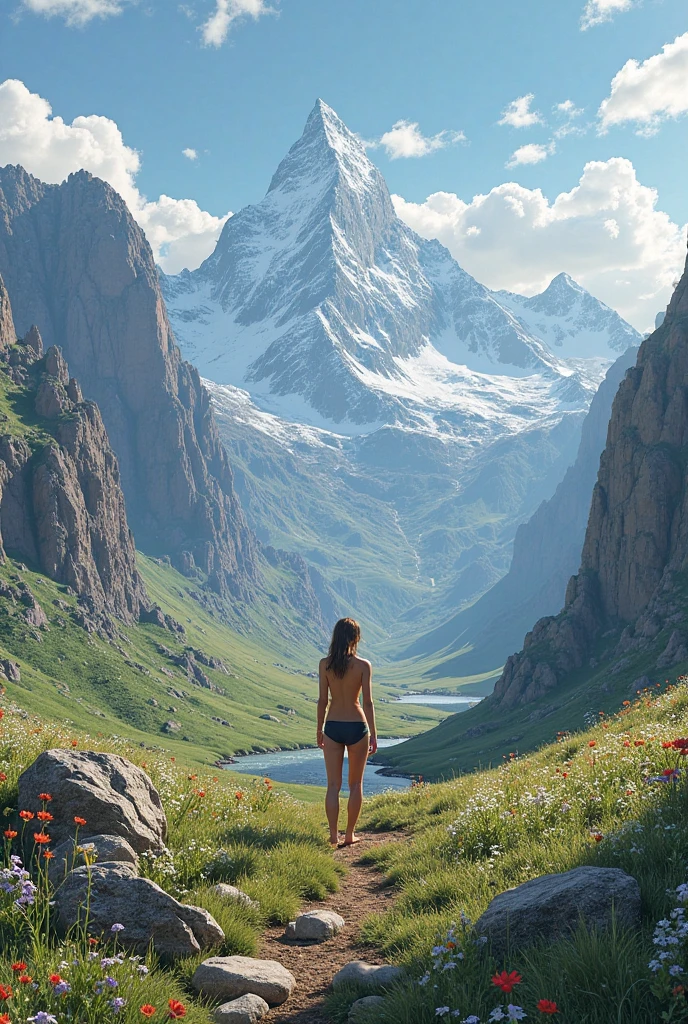 highest quality, masterpiece, Ultra-high resolution, (Actual:1.4), Original photo, 8k, 1 naked girl, completely nude, exquisite makeup, perky breasts, shiny white skin, High heels, Bright and beautiful, dark brown hair, earrings, necklace, All Nude:1.5, outdoor, grass field, mountains, snow, from behind