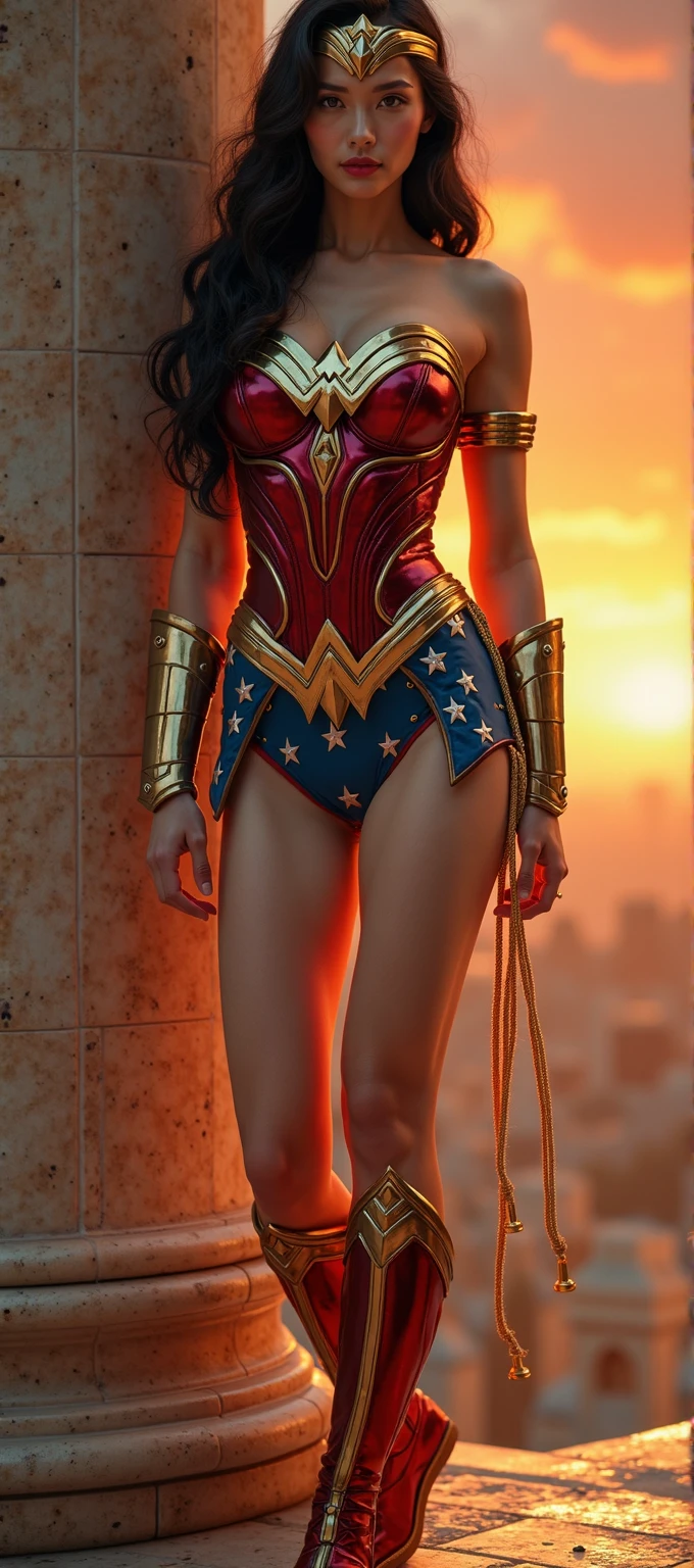 Deepika Padukone being Wonder Woman in action scene, realistic style, detailed scene, with beautiful and perfect body, perfect lighting, 8k, uhd, high quality, sharp focus, fujifilm XT3, beautiful face, beautiful body, super sexy, big breasts, full body photo, dynamic pose, curvy body, highly detailed, hyper realistic, uhd