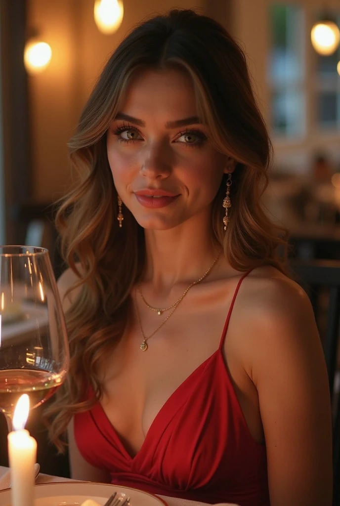 Realistic photo of a beautiful 4m4nd4s-v2 woman, 1girl, solo,((deep red lips)), long hair, smile, blonde hair, jewelry, green eyes, earrings, lips, realistic, soft lighting, professional Photography, Photorealistic, detailed, RAW, analog, sharp focus, 8k, HD, DSLR, high quality, Fujifilm XT3, film grain, award winning, masterpiece
