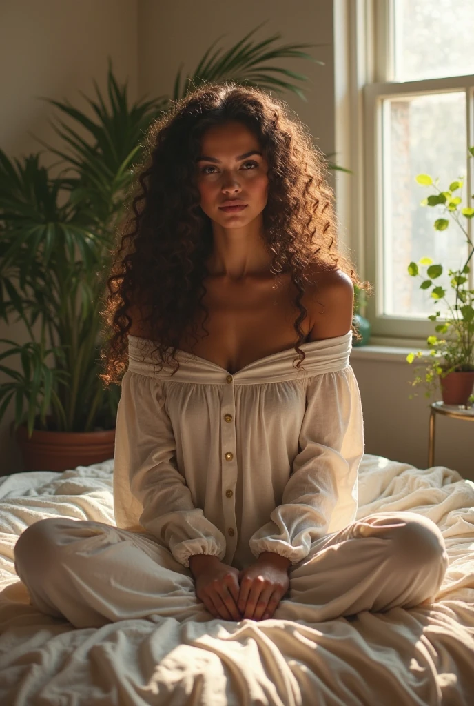 (photorealism:1.2), beautiful woman, sitting on bed, wearing loose off-shoulder top, pajama pants, long curly hair, indoors, soft lighting, plants in background, window with sunlight, cozy room, relaxed pose, realistic, intricate details, warm colors, by Greg Rutkowski, by Alphonse Mucha