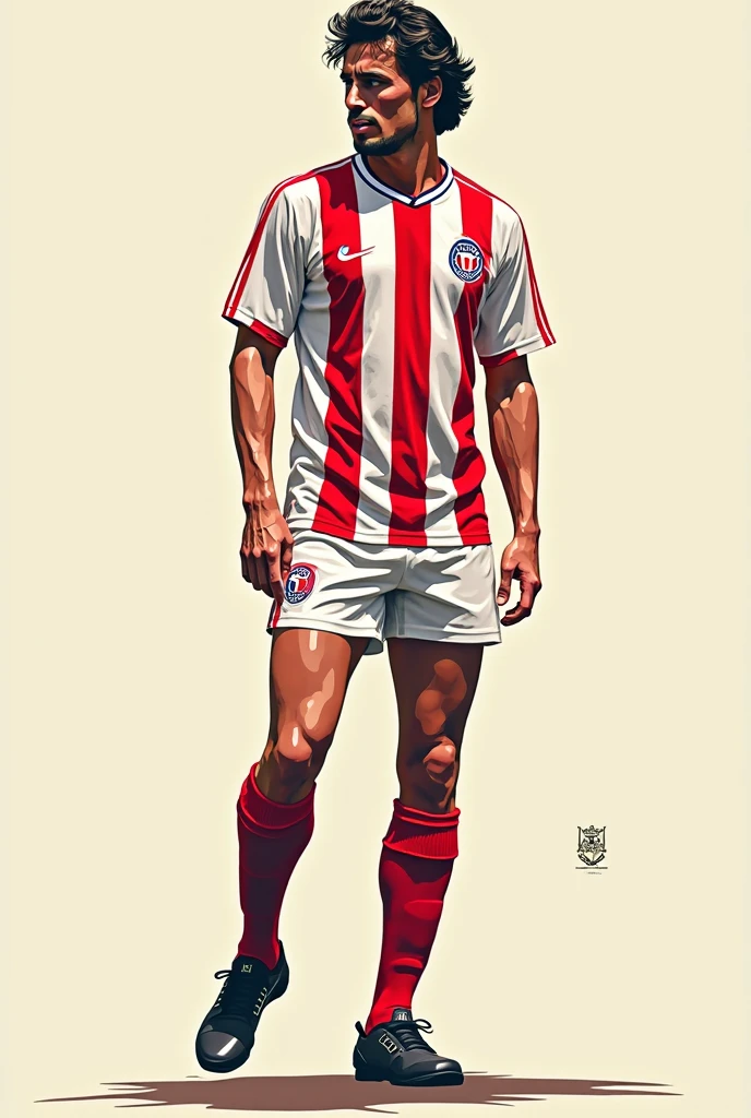 Leyendecker style illustration; long angle, high resolution, detailed face, male focus, muscular blond college hockey captain, 23 years old, wearing hockey uniform, looking at viewer, mjf, mole, , beautiful smile, naked below the waist, muscular legs, big dick, boner, erection.