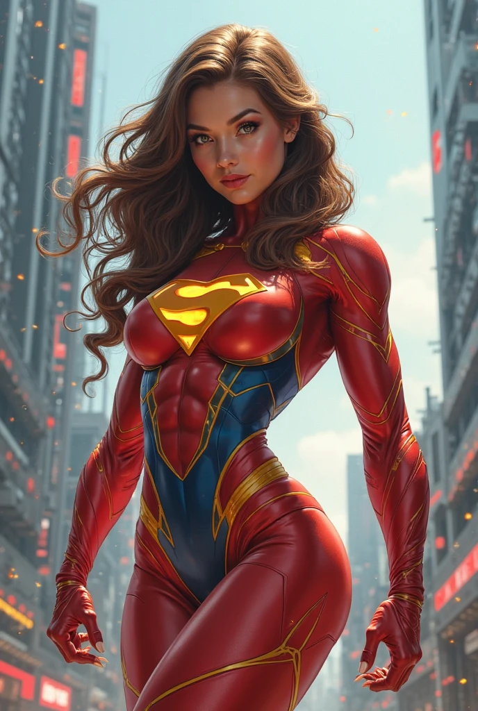 Create a very pretty sexy looking superhero woman who looks outrageous