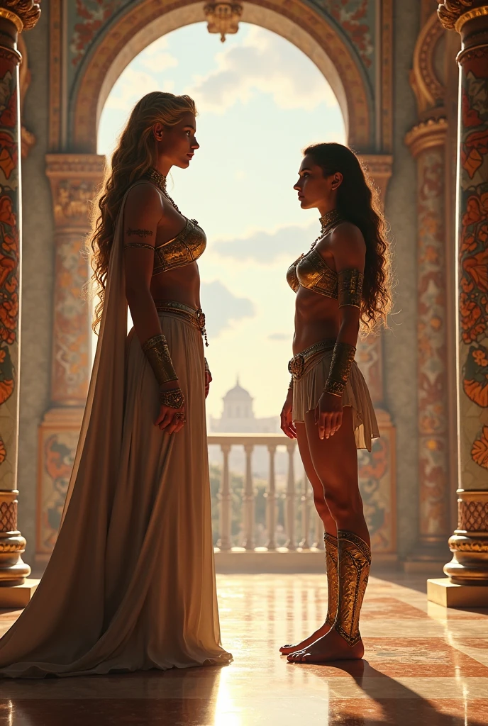 Draw a young blonde woman with blue eyes with a generous shape which would represent Athena on a throne surrounded by people who caress her with love one of the people is a woman with straight brown hair but with volume Latino type representing Hera who is trying to kiss her another woman with curly brown hair and bluish green eyes represents Aphrodite who caresses her legs, a woman who looks like Monica Belluchi representing Artemis behind her touching her hair with a bow and arrow and a 24 year old guy with curly brown hair holding her shoulders representing Hefaistos