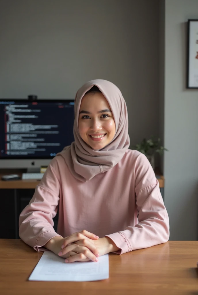 there is a young Malay woman with pastel pink hijab and a pink turtleneck shirt. Sitting. at office desktop.
