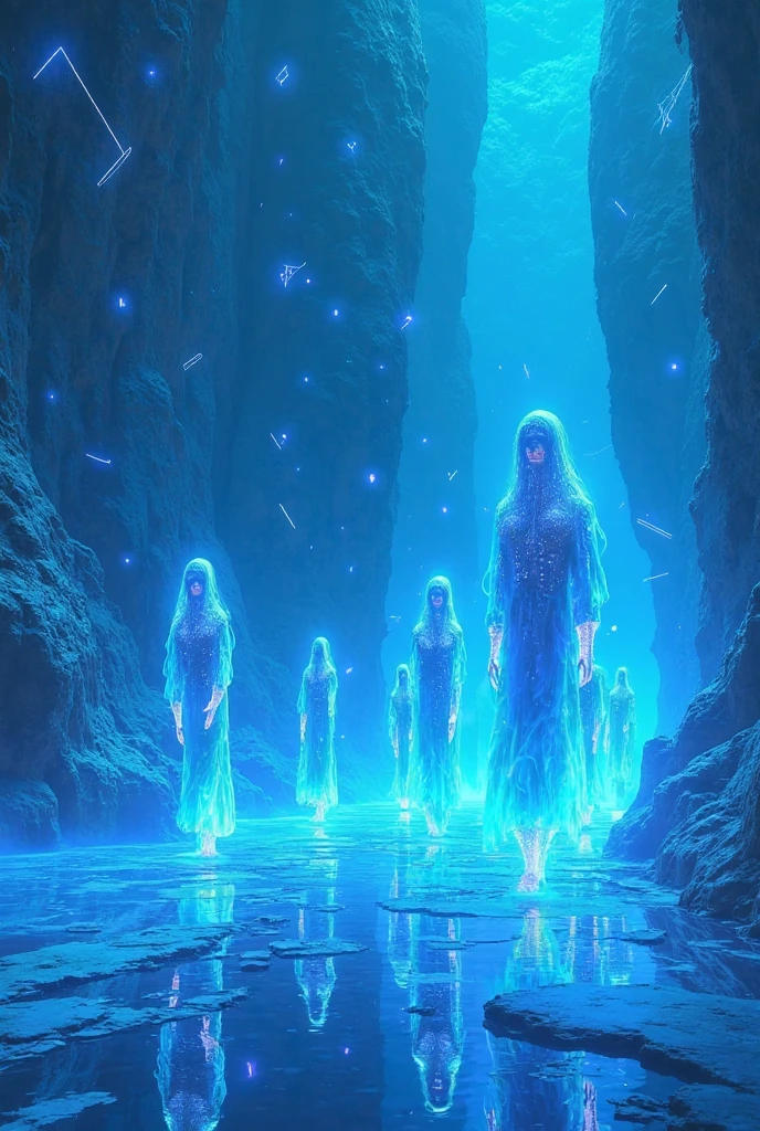 People made of light walking in defile on a Road, Background heavenly light