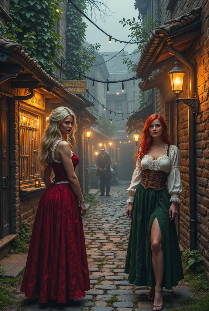 1girl, twin, the 18th, in England 1803, redhead, perfect green eyes, buns with braids, sides, recessed and with crown, ((Best Quality)), ((masterpiece)), (detailed), perfect face, beautiful, skinny, Skinny body, corset and gloves, short gold and white dresses, sexy fitted dress, detailed dresses, pearl, jewelry, in front of a castle house, rustic house, evening, flame fire, perfect garden, flores, walk