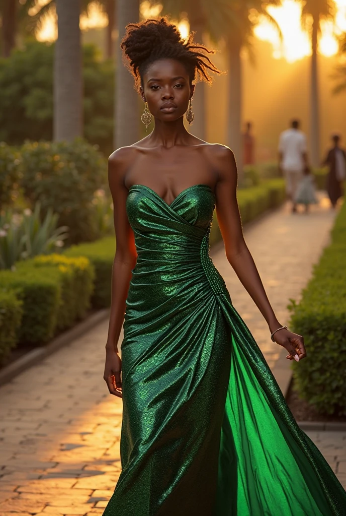 ((Masterpiece)), a beautiful Ethiopian woman, brown-black hair, wearing a colourful high detail gown, walking the streets of Addis Ababa, (UHD, 8K wallpaper, High resolution), Cinematic lighting, award-winning, extremely detailed skin, extra detailed face, high detail eyes, photo-realistic, Zeiss 85 mm F/1.4, by Ellen von Unwerth