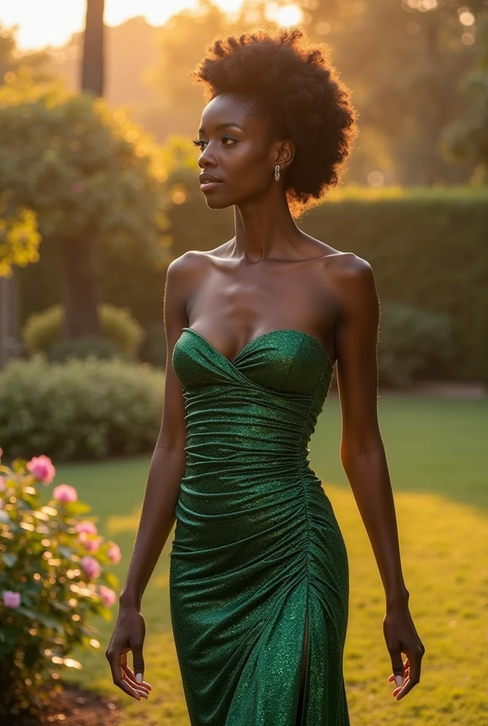 Create an 8k photo of incredibly beautiful woman. She has dark skin, with a rich, radiant tone that seems to shine in the sunlight. Her green eyes are penetrating and expressive, reflecting a mixture of curiosity and confidence. Her curly hair cascades around her shoulders, displaying a natural texture and full of life. She is wearing an elegant and colorful dress, which perfectly embraces her sculpted curves and enhances her femininity. Her posture is haughty and graceful, emanating an aura of power and self-confidence.