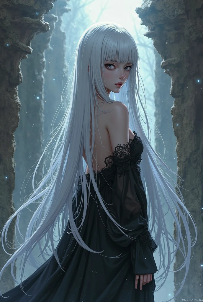 tall woman with long white hair, with bangs curtain, with black eyes, dressed in a black dress with an anime-style collar 