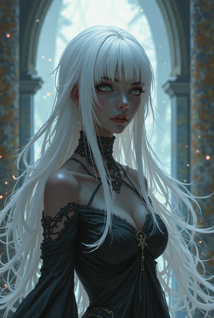masterpiece, best quality, ultra high resolution, 1 dark skinned African girl, (fractal art: 1.3), long white hair, blue eyes, beautiful eyes, detailed eyes, glowing eyes, deep shadow, dark theme, fully dressed, necklace, abandoned,