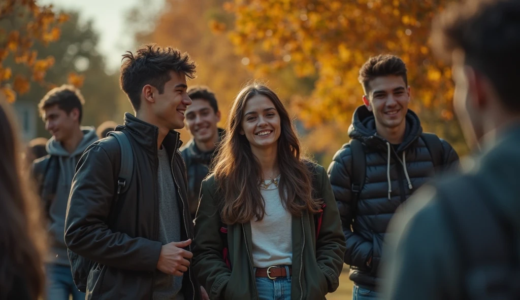 Create a friend group pic with a tall skinny boy, a short cute boy, a gothic girl, a mischievous girl with short hairs, a hamster looking girl the mischievous girl and the talk boy is besties
