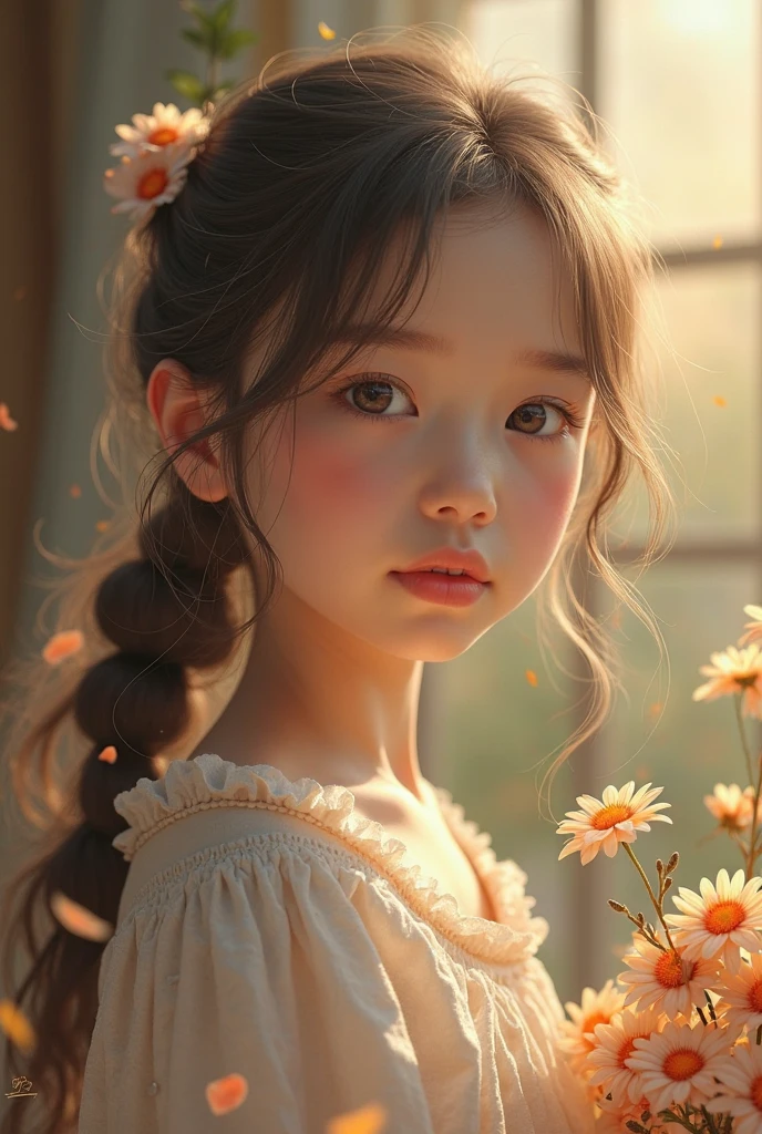 A cute girl closes her eyes and listens carefully。Soft lines drawn with pastels