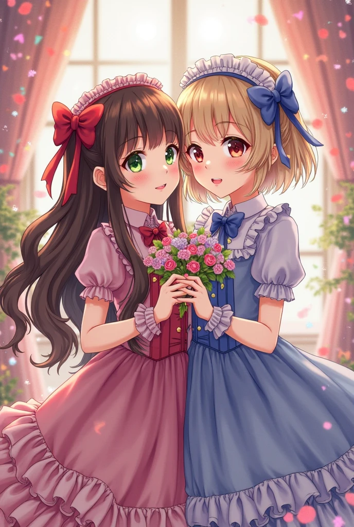 小さなgirl、pantyhose、The arrival of spring、big butt、 (alone:1.5,)Super detailed,bright colors, very beautiful detailed anime face and eyes, look straight, ;d, shiny_skin,girl, ((silver long hair,Inner color is red 、forehead is .、green eyes、、shiny hair, delicate beautiful face, blush、(turquoise eyes), White skin, Valletta, earrings,、blue flower field、(((Floral pink outfit、white )))、twin tails、Face when kissing、Face while kissing