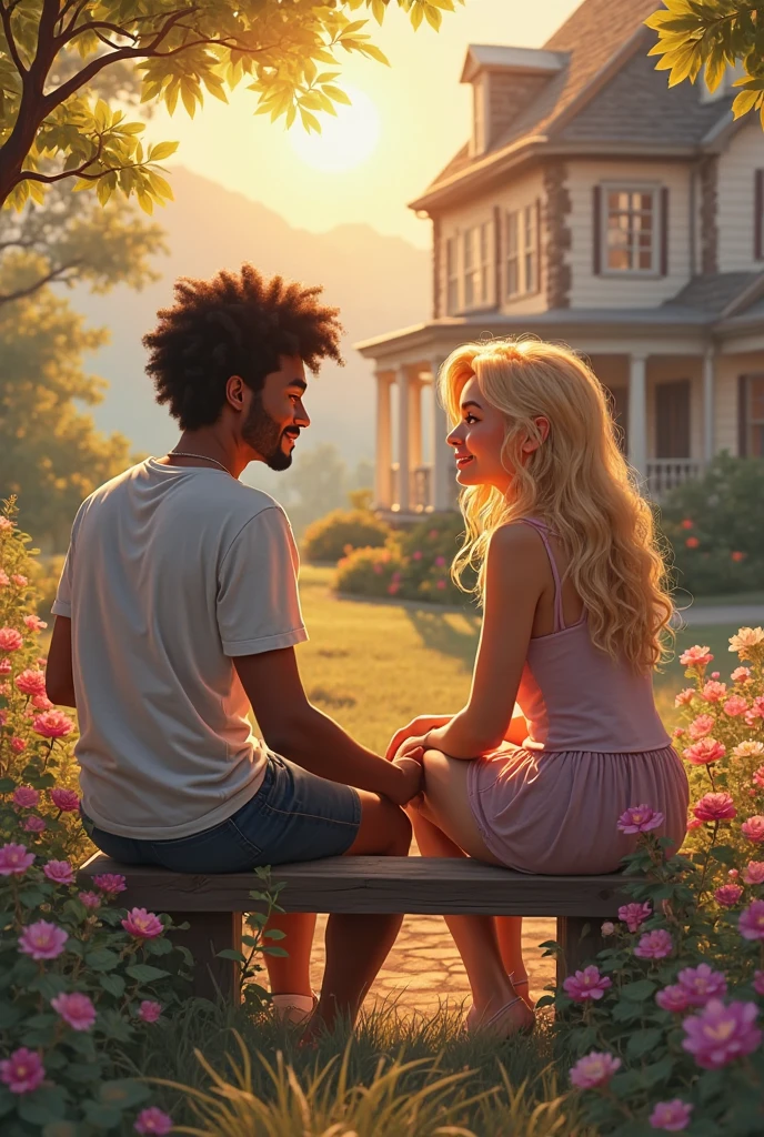 Couple in love white man and black woman they are sitting on a bench in nature their house is in the background 
