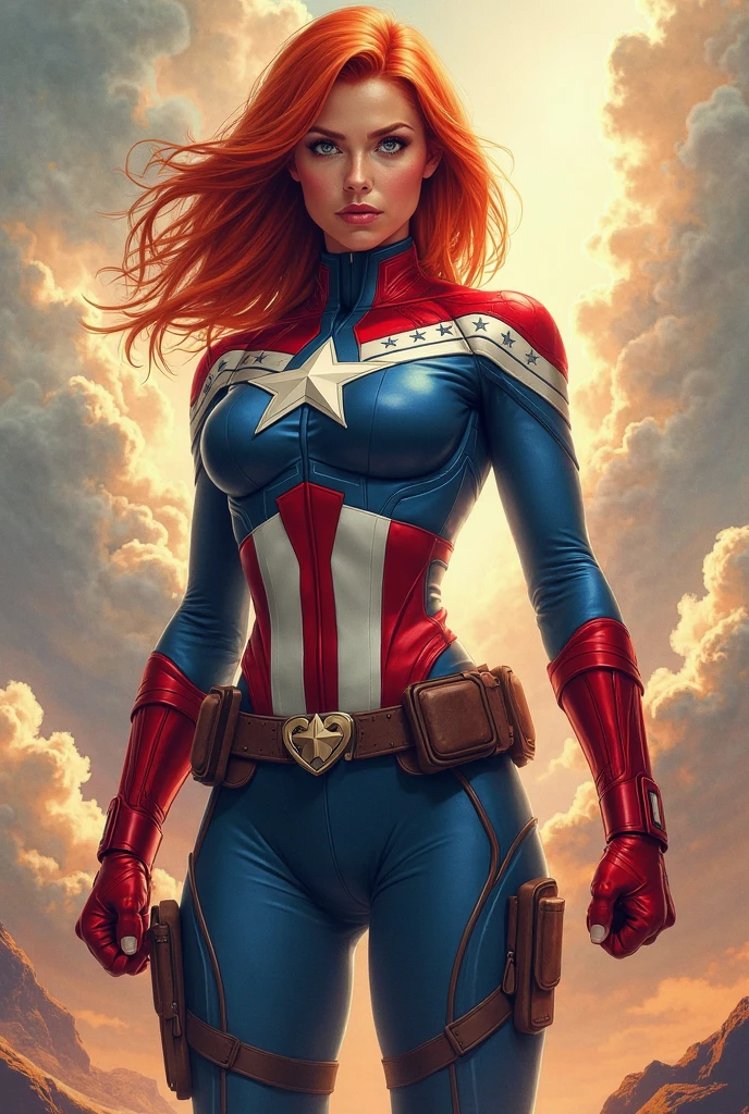A red-haired woman with very long hair, Super hero, of the United States with the symbol of capitalist Canada and with a weapon of power