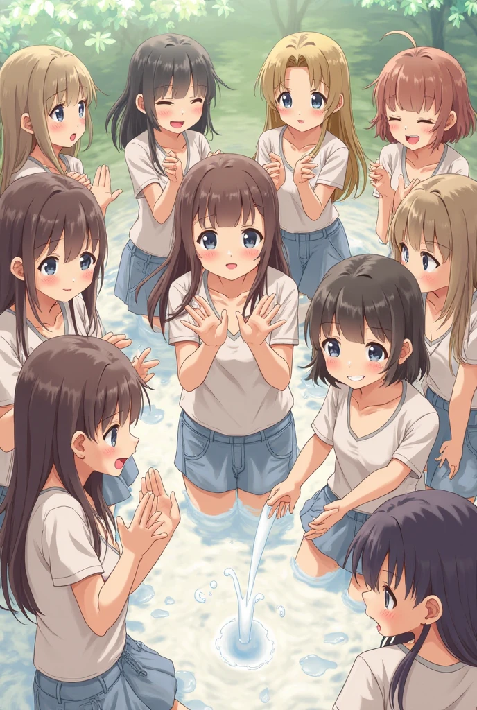 nudist girl squatting、Lots of friendly elementary school boys hugging each other、surround each other's faces、Laughter and joy、in group photograph、Group Selfies、In the tent、Intense shame、From above