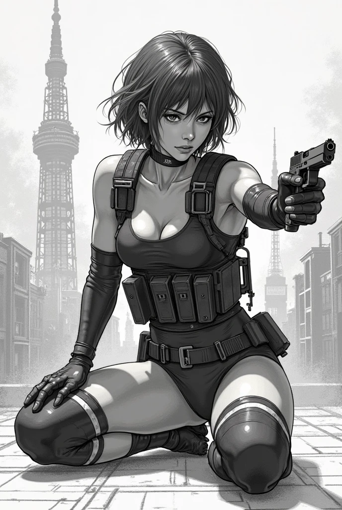 character concept art, cute pose, kawai, 1girl, fair skin, Yusuke Murata art style, girl alone, short hair, black hair, blue eyes, anime girl with tattoos on right arm, anime digital art, beautiful anime girl, female anime girl, anime art, muscular!, big oppai, Ilya Kuvshinov, anime badass 8k, anime art, cuberpunk hair, very attractive, gothic,  blue vampire eyes, cute face, sweaty body, short black hair, perfect body, fit body, abdomen, big breasts, chubby butt, prancing ass, prancing butt, gothic clothes, cyberpunk clothes, vampire clothes, muscular, simple background with the moon, pale skin, vampire, kawai face, sensual body, with weapons in hand,