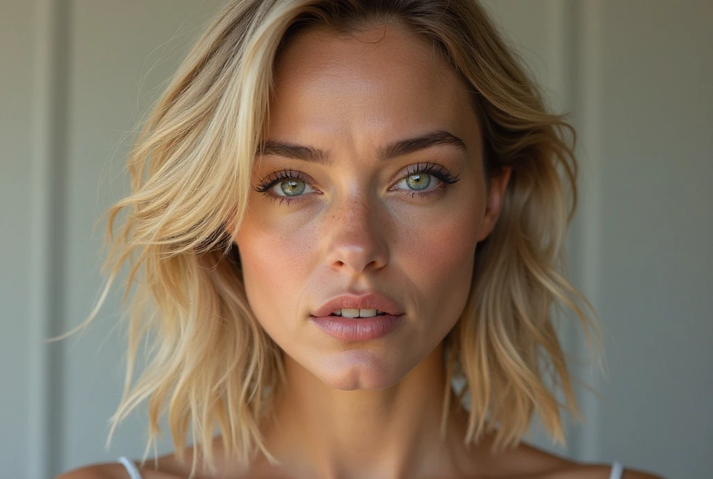 beautiful woman, blonde girl with short wavy hair and medium breasts, solid circle eyes, light smile, GREEN EYES, fang, ccurate, Surrealism, drop shadow, anaglyph, stereogram, tachi-e, pov, atmospheric perspective, 8k, super detail, best quality