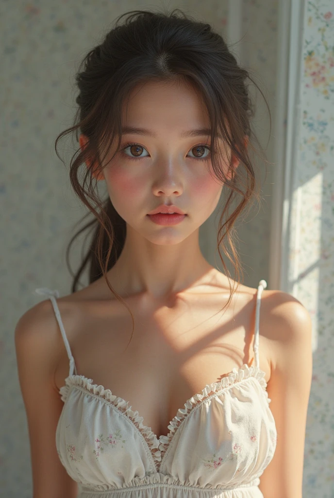 (RAW Photos, Highest quality), (Realistic, Photorealistic:1.3), Tabletop, Very delicate and beautiful, Soft Light, (Brown Hair, Straight shoulder-length hair fluttering in the wind), Beautiful detailed girl, (Detailed fingers), Highly detailed eyes and face, Beautifully detailed nose, Beautiful attention to detail, 1 girl, Japanese, Pure beauty, cute, young, Dress shirt, pants, (Half Body:1.3), (Small breasts), Realistic face, Realistic body,((Nipples are exposed)),Kubo Shiori