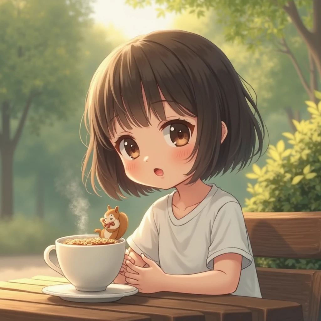 A Japanese girl in a cafe drinking a soda pop with a white cat beside her