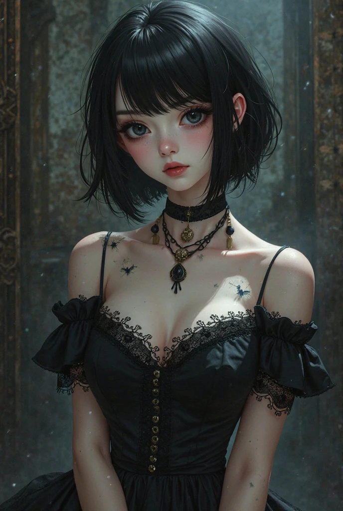 Highest quality, masterpiece, look up, cute,(Horror),(((Beautiful girl))),(Sexy),(sexy),((Small breasts)),Baby Face,(((Blowjob,ejaculation))),Black Hair,Bobcut,Beautiful Style,((Pale skin)),Sensual look,Embarrassed,Sexy表情,Heavy makeup,Expressions of delight,(Dark atmosphere),(Dark atmosphere,fear),((Dim lighting)),Alley