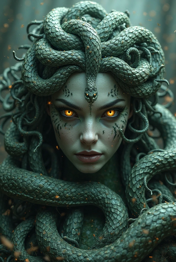 ((best quality)), ((masterpiece)), ((realistic)), Medusa, full body, hair is composed of numerous small snakes, green eyes, female face, top carved in metal, real aura, trend in artstation, sharp focus, studio photo, intricate detail, very detailed, detailed eye, illustration, very detailed, sharp focus, digital rendering, professional, 8k