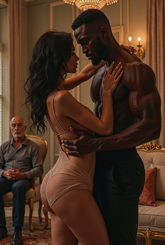 With an argument sense Generate of image of a dark black handsome in casual wear talking back at a black beautiful woman in a living room with luxurious interior
