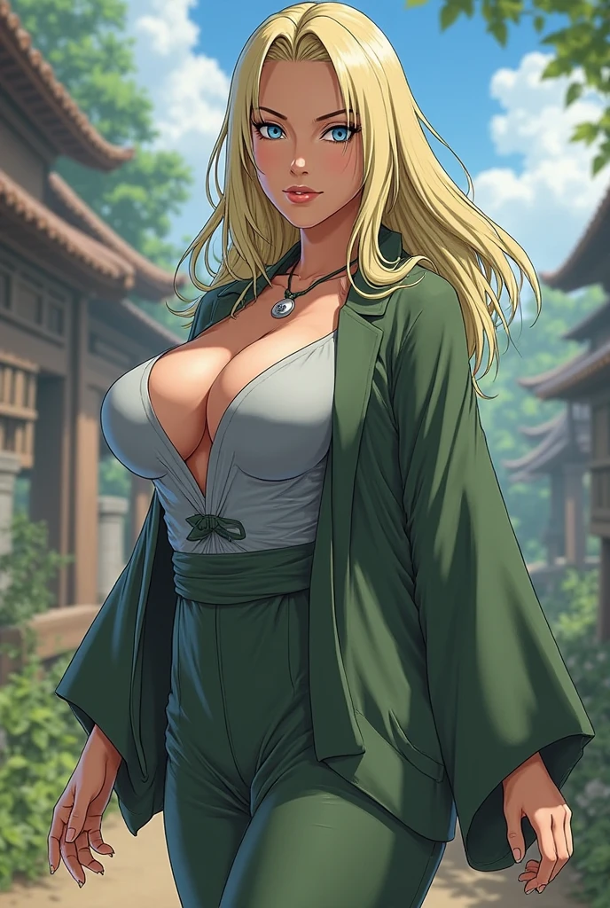 (((solo,1woman, mature, alone))), t5un4d3, ((long hair, blonde hair,  mark, glowing brown eyes, wide eyes, lipstick, makeup, narrow waist, skinny, medium breasts)), pelvic curtain, ((white bikini)), full body, perfect body, (insanely detailed, beautiful detailed face, masterpiece, best quality), (extremely detailed 8k paper CG wall unit: 1.1), (konohavillage, konoha gate walls, river, lake, tree, mountain, flower, at dawn, zebra cross, cloudy sky, cloud, dusk), (smile face for the viewer), cameltoe view, cameltoe, View from above, Diagonal view