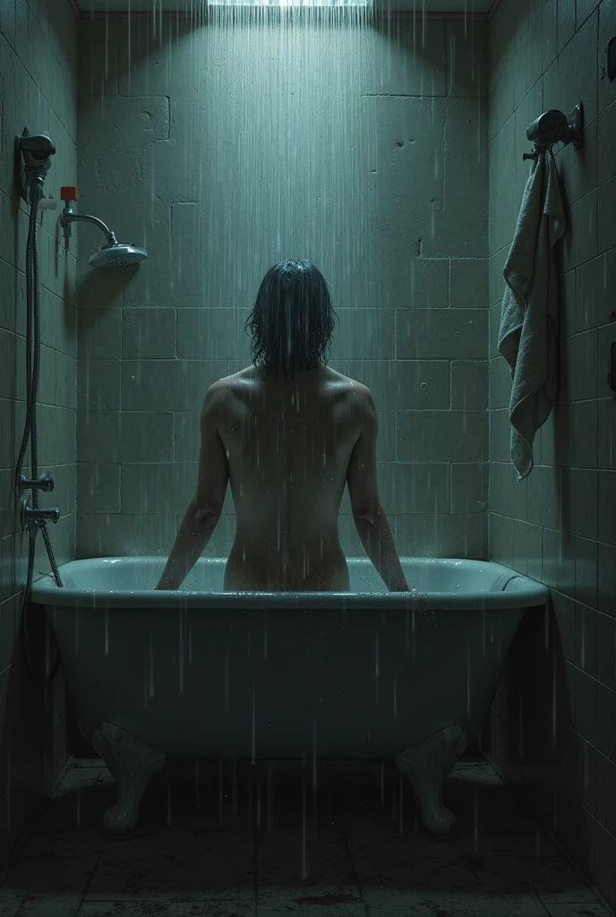A hyper-realistic fashion photograph Polaroid-style set in a shower with deep navy blue tiles and a black-and-white checkered floor. A large window dominates the background, and the photo is taken from a low angle, capturing the full height and perspective of the window. Through the glass door of the shower, woman fully naked, of a woman crawling at the edge of a tall building, captured from a low angle to showcase the sky behind her. The foreground prominently features her backside standing beneath the running water. The low-angle shot emphasizes the towering presence of the window, with the soft, vintage quality of the Polaroid film adding a nostalgic, dreamy atmosphere. The scene highlights the contrast between the rich blue tiles, the patterned floor, and the cascading water, all framed by the expansive window above, creating a visually striking and fashion-forward image with a timeless, retro feel.