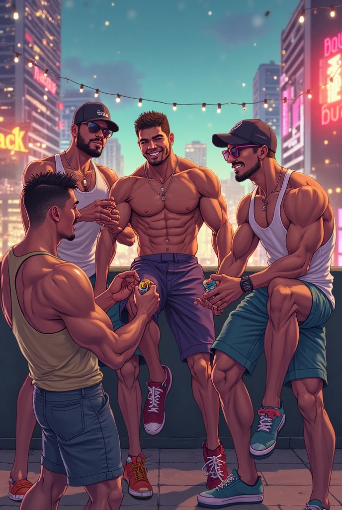 Three Latino men wearing Z Warriors clothing. One of the men has braids. The 3 men are surrounded by beautiful women and have beer in their hands

