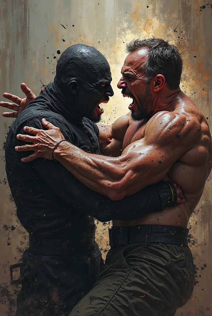 Asian male pro wrestler A vs Asian male heel wrestler B in a ring fight。A is muscular with a buzz cut and wears short tights、Has a distressed expression、Body is drenched in sweat。B is a heel wrestler and muscular、Sweaty body、buzz cutでショートタイツ、Wear a mask。B kisses A.、Rubbing the groin